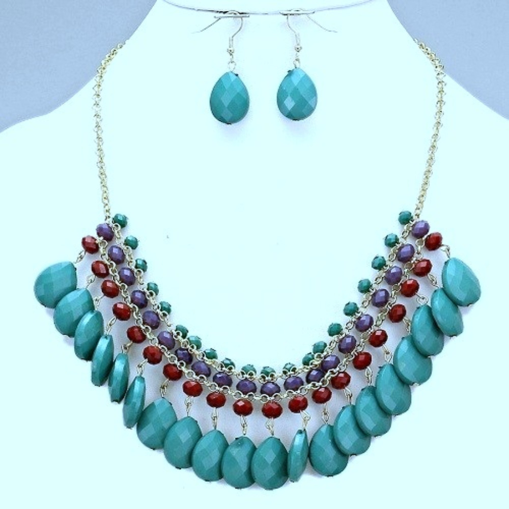 Multi Row Teal Bubble Bib Gemstone Necklace Set